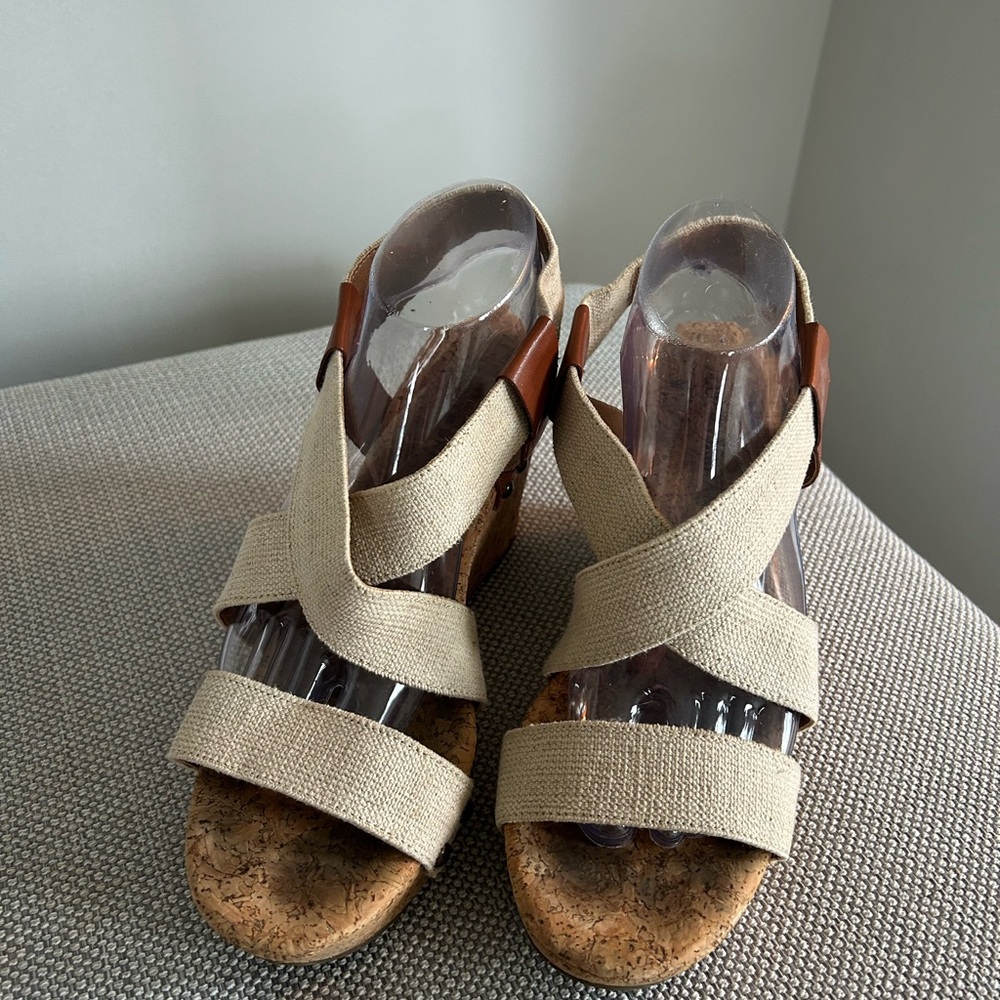 Lucky Brand Tan Canvas Crisscross Cork Wedge Sandals